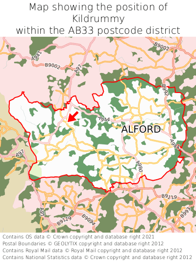 Map showing location of Kildrummy within AB33