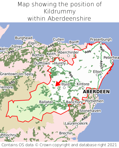Map showing location of Kildrummy within Aberdeenshire