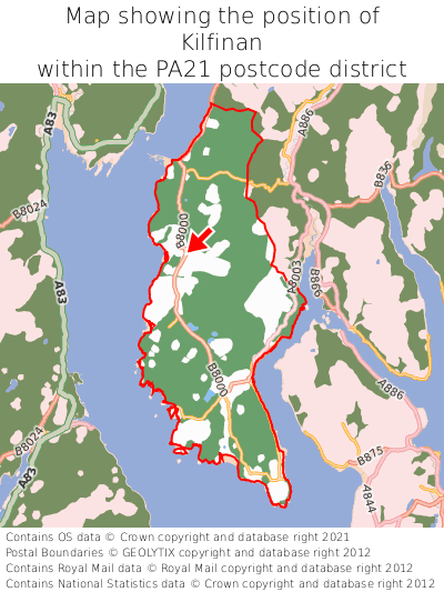 Map showing location of Kilfinan within PA21