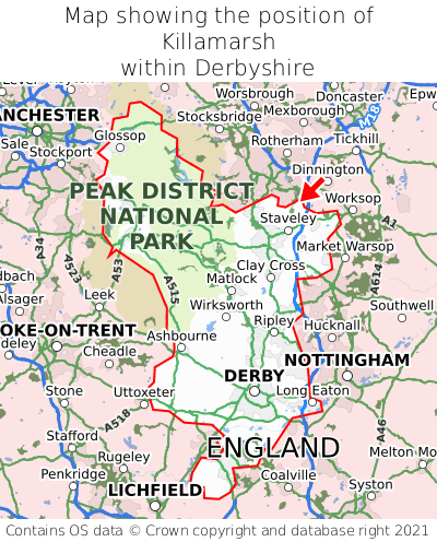 Map showing location of Killamarsh within Derbyshire