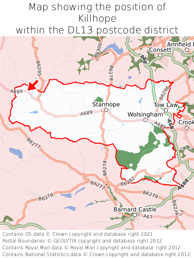 Map showing location of Killhope within DL13