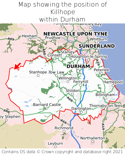 Map showing location of Killhope within Durham