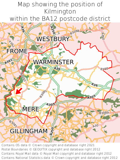 Map showing location of Kilmington within BA12