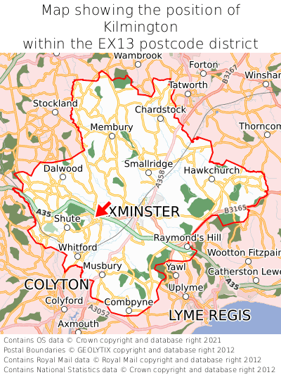 Map showing location of Kilmington within EX13