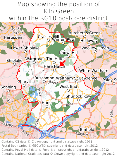 Map showing location of Kiln Green within RG10