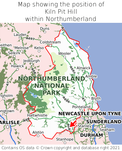 Map showing location of Kiln Pit Hill within Northumberland