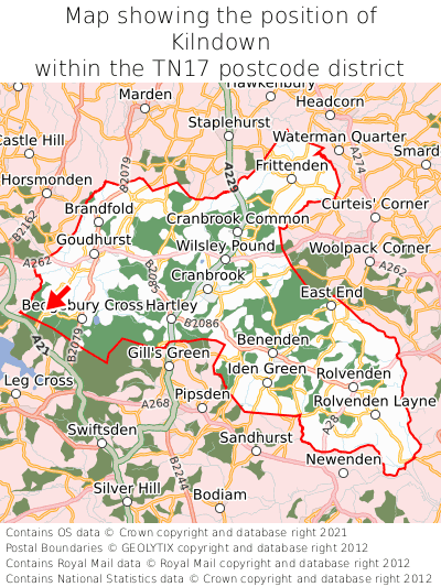 Map showing location of Kilndown within TN17