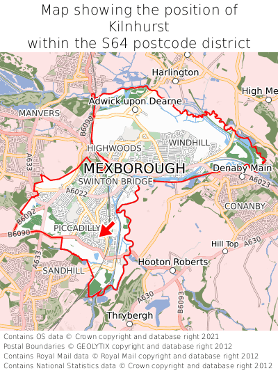 Map showing location of Kilnhurst within S64