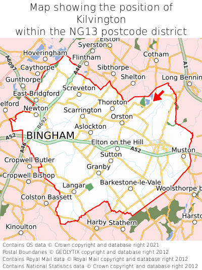 Map showing location of Kilvington within NG13