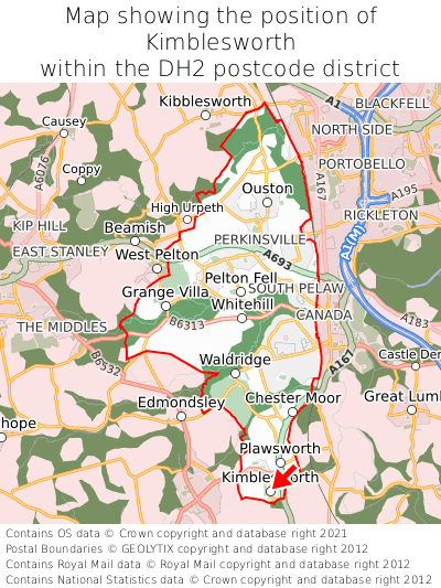 Map showing location of Kimblesworth within DH2