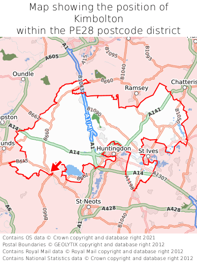 Map showing location of Kimbolton within PE28