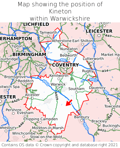 Map showing location of Kineton within Warwickshire