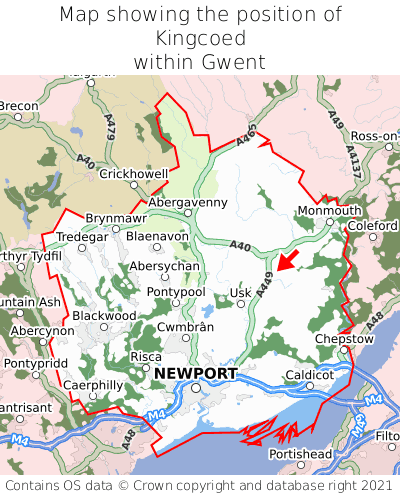 Map showing location of Kingcoed within Gwent