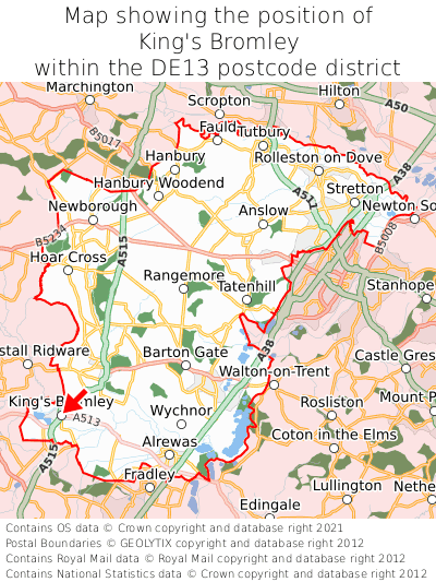 Map showing location of King's Bromley within DE13