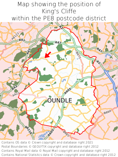 Map showing location of King's Cliffe within PE8
