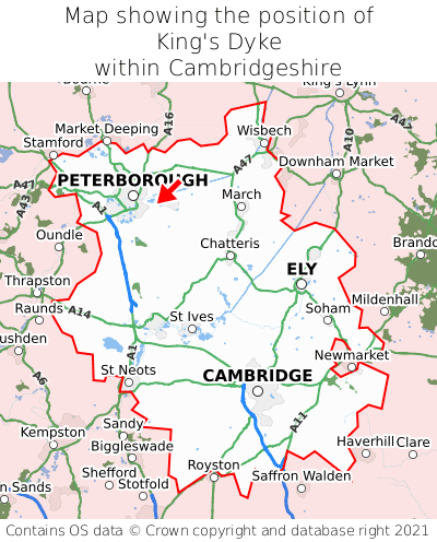 Map showing location of King's Dyke within Cambridgeshire