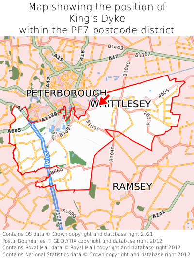 Map showing location of King's Dyke within PE7