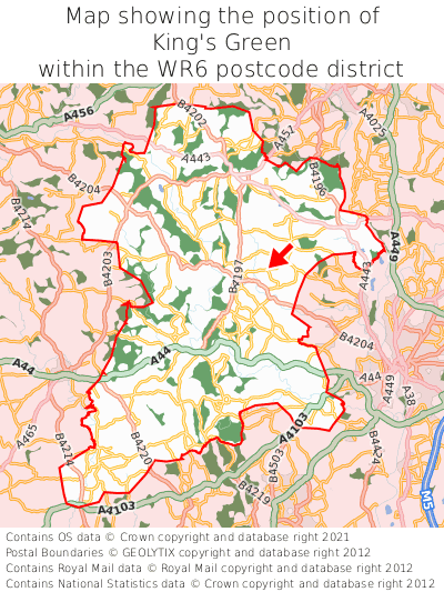 Map showing location of King's Green within WR6