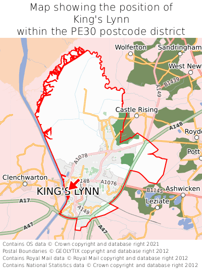 Map showing location of King's Lynn within PE30