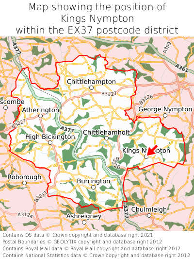 Map showing location of Kings Nympton within EX37