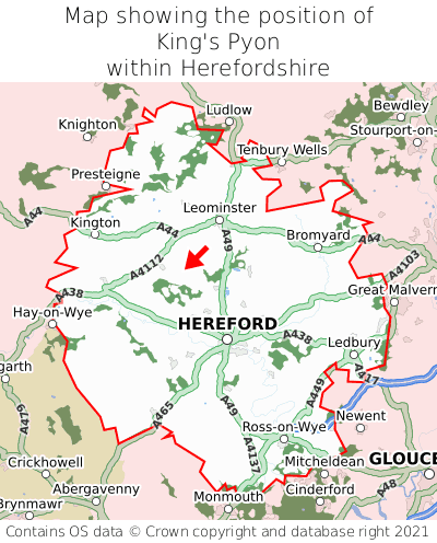 Map showing location of King's Pyon within Herefordshire