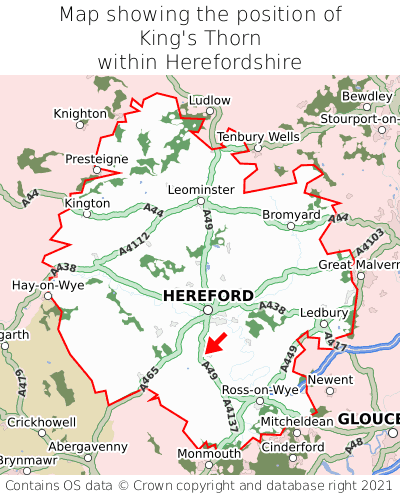 Map showing location of King's Thorn within Herefordshire