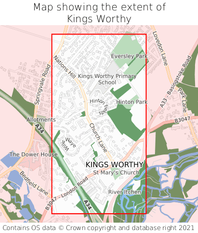 Map showing extent of Kings Worthy as bounding box