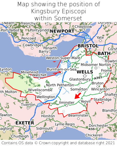 Map showing location of Kingsbury Episcopi within Somerset