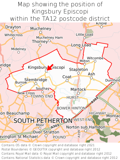 Map showing location of Kingsbury Episcopi within TA12