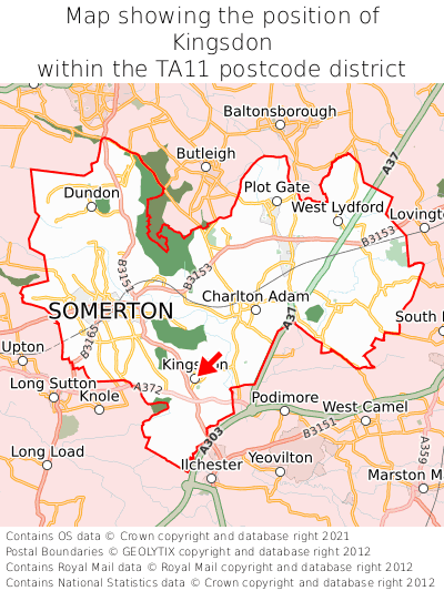 Map showing location of Kingsdon within TA11