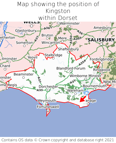 Map showing location of Kingston within Dorset