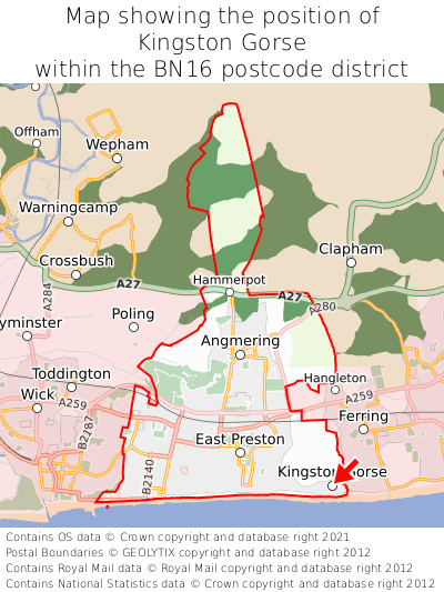 Map showing location of Kingston Gorse within BN16