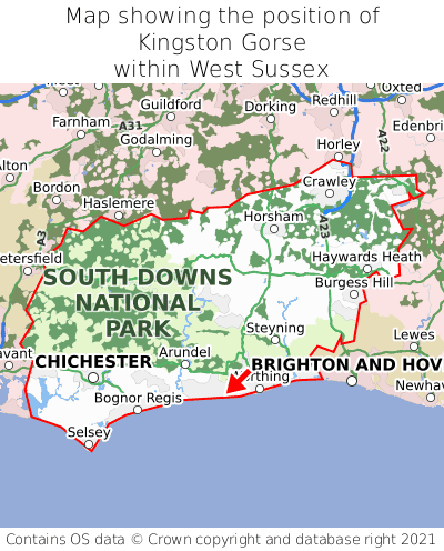 Map showing location of Kingston Gorse within West Sussex