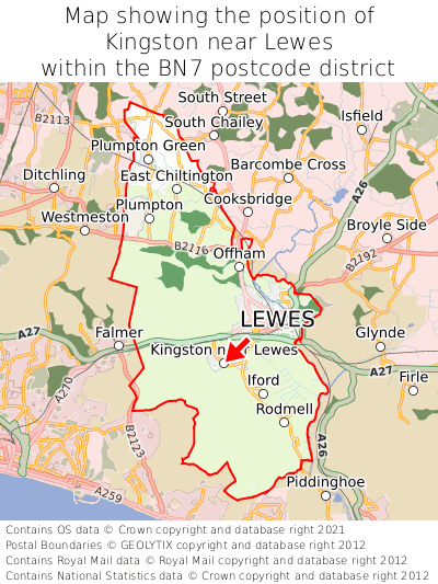 Map showing location of Kingston near Lewes within BN7