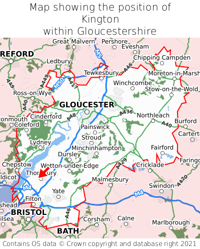 Map showing location of Kington within Gloucestershire