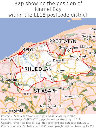 Map showing location of Kinmel Bay within LL18