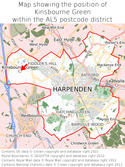 Map showing location of Kinsbourne Green within AL5