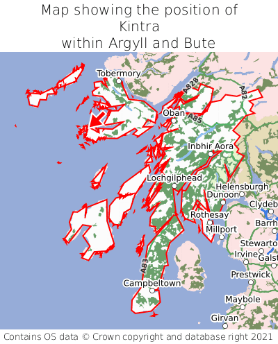 Map showing location of Kintra within Argyll and Bute