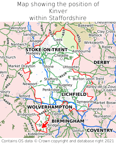 Map showing location of Kinver within Staffordshire