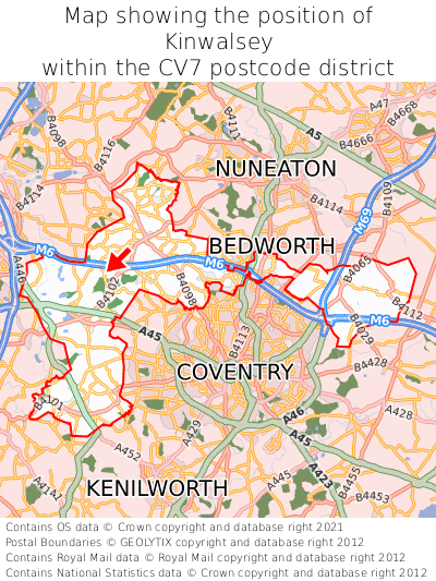 Map showing location of Kinwalsey within CV7