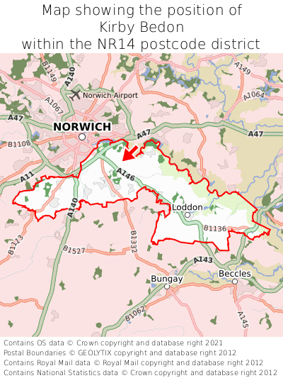 Map showing location of Kirby Bedon within NR14