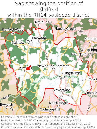 Map showing location of Kirdford within RH14