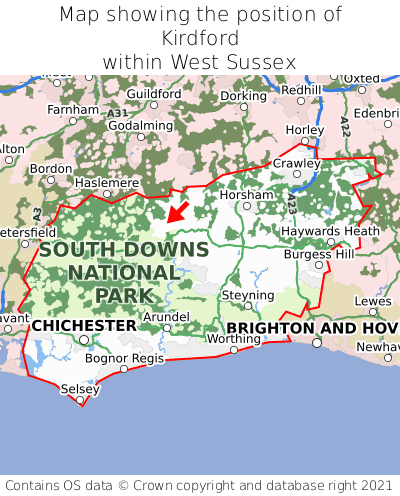 Map showing location of Kirdford within West Sussex