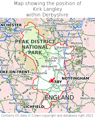 Map showing location of Kirk Langley within Derbyshire