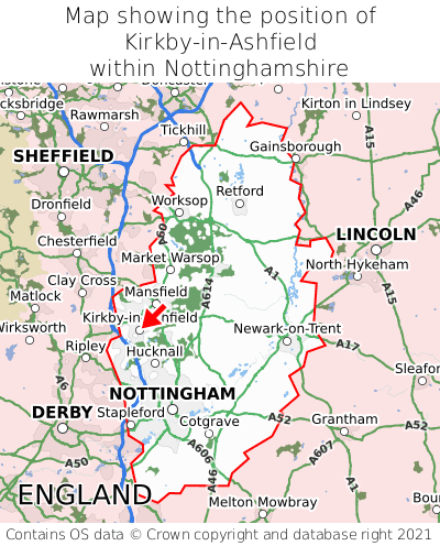 Map showing location of Kirkby-in-Ashfield within Nottinghamshire