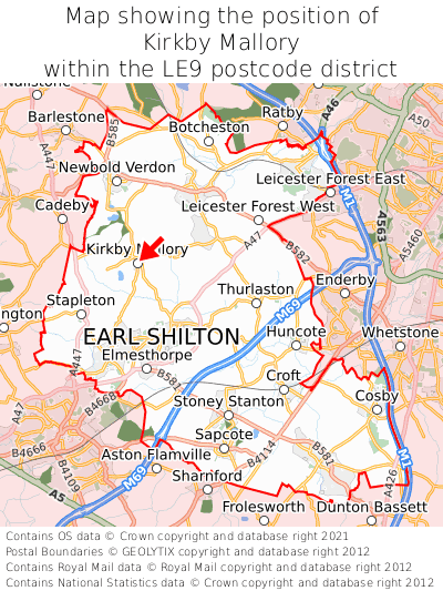 Map showing location of Kirkby Mallory within LE9