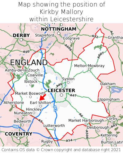 Map showing location of Kirkby Mallory within Leicestershire