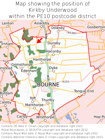 Map showing location of Kirkby Underwood within PE10