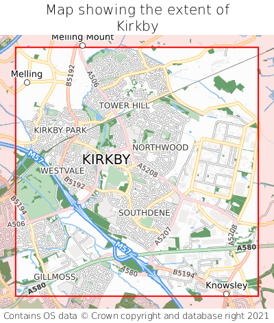 Map showing extent of Kirkby as bounding box