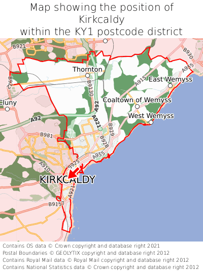 Map showing location of Kirkcaldy within KY1